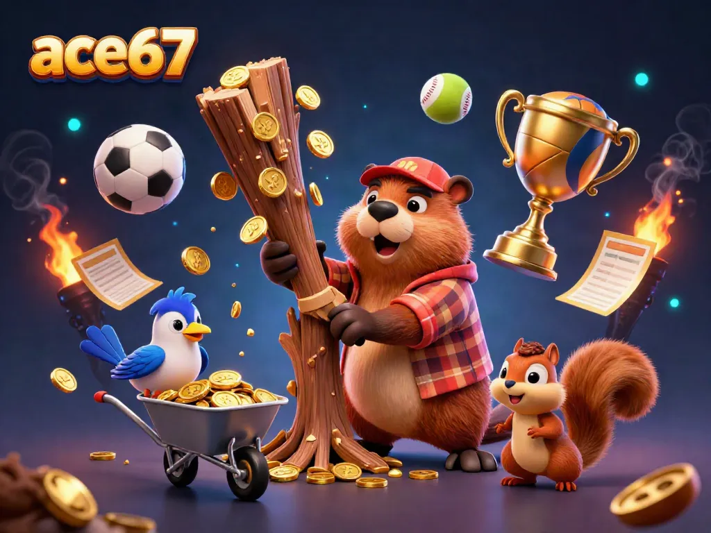 Experience exciting gameplay with ace67 as a beaver and friends celebrate a treasure of coins in a vibrant casino-themed scene.