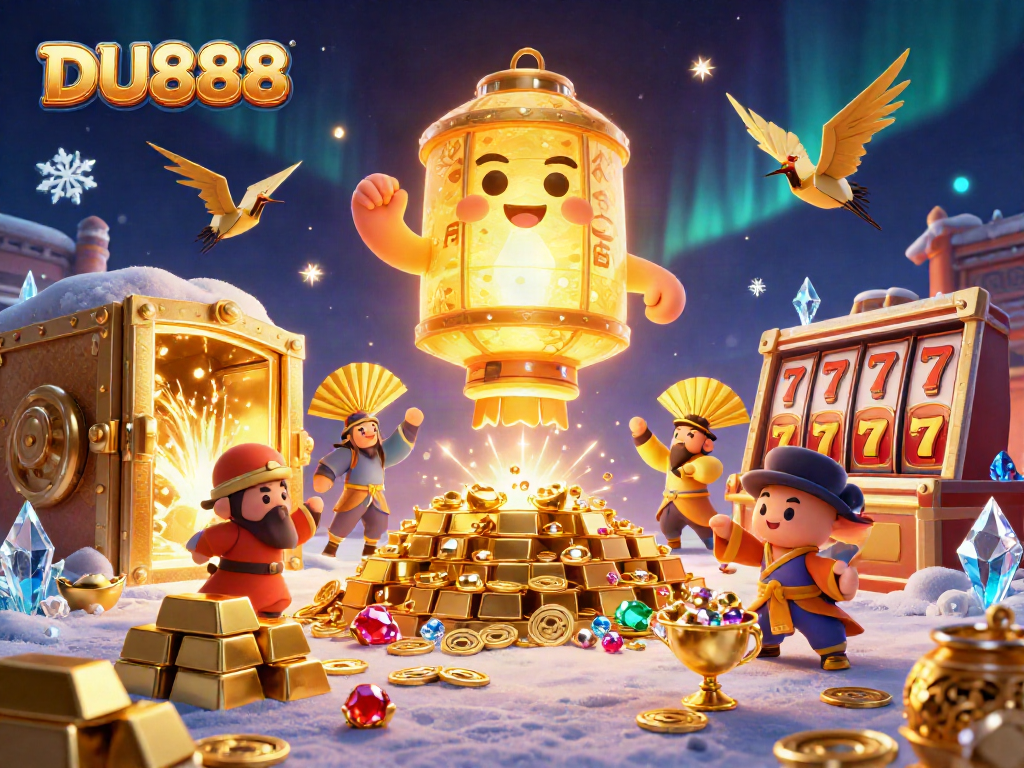 Engage with DU888 through a vibrant, detailed casino scene full of luck and winning symbols.