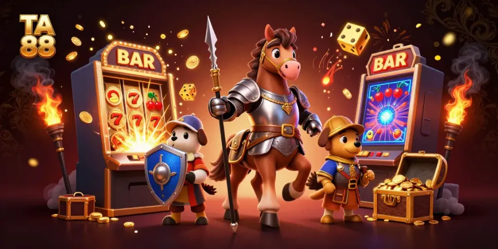 Experience the thrill at TA 88 with knights and gaming symbols bursting with winnings.