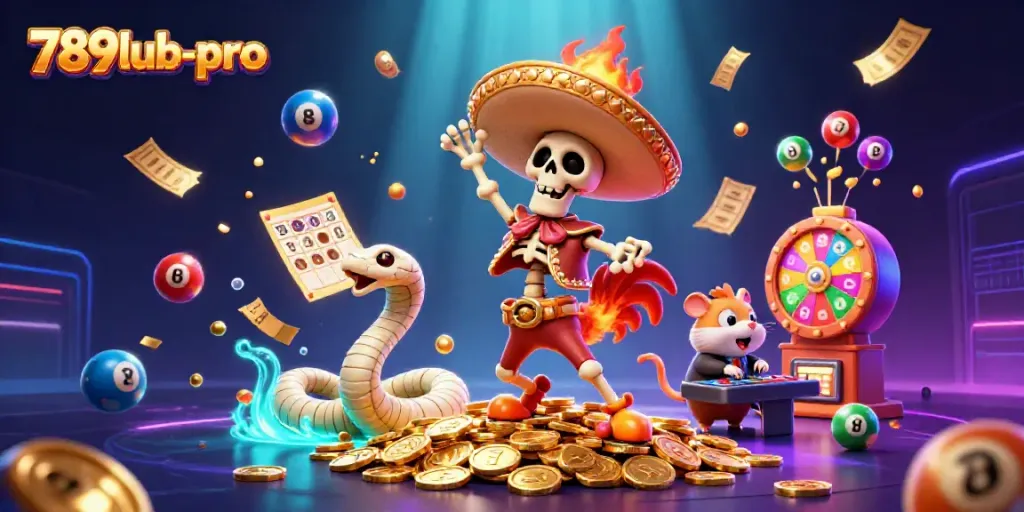 Engage in thrilling games with 789lub-pro while a mariachi rooster celebrates riches amidst vibrant casino elements.