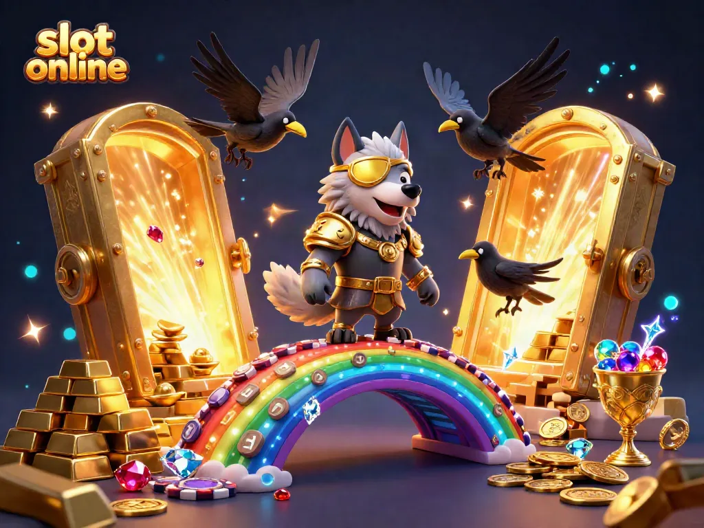 Experience exciting slot online gameplay with this vibrant illustration of Odin the wolf and his ravens amidst a treasure trove.