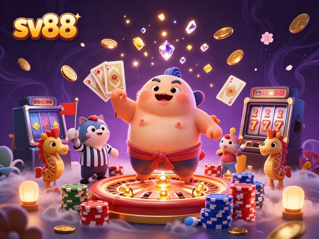 Experience exciting moments at SV88 with a vibrant underwater casino scene showcasing a puffed fugu, catfish referee, and playful seahorses.