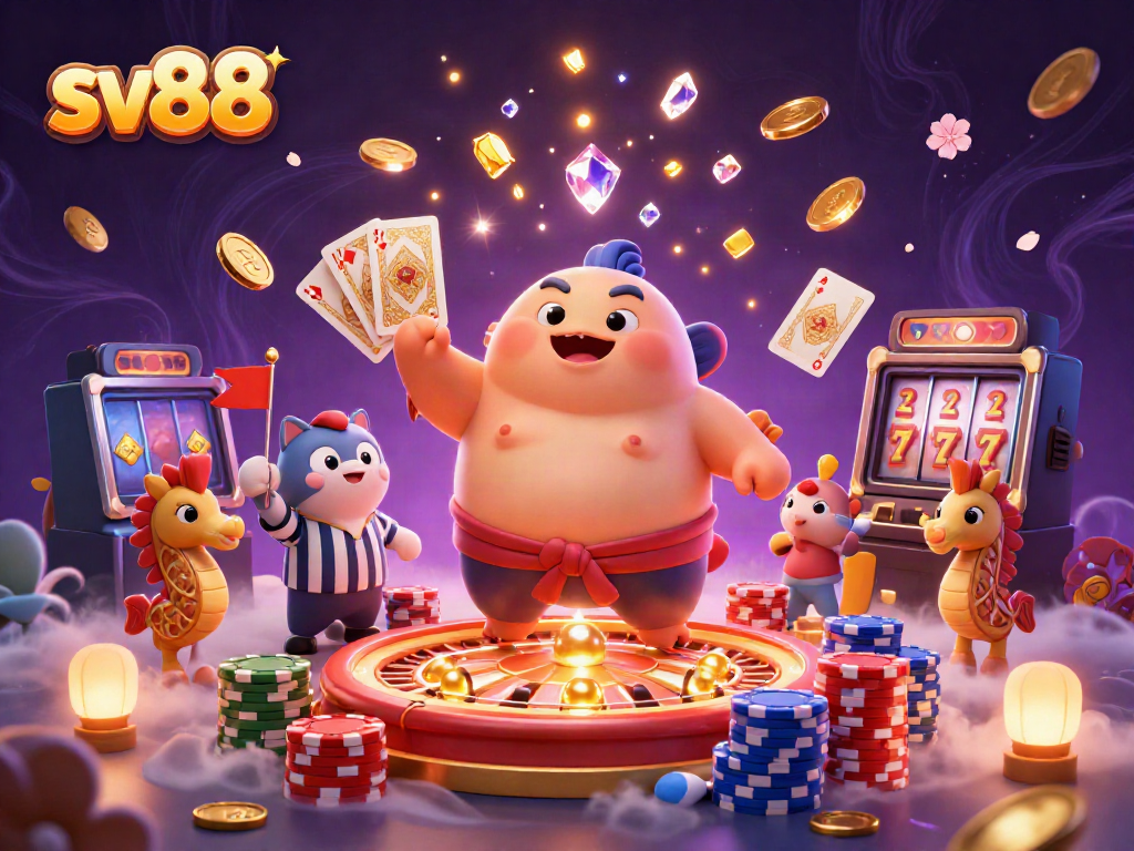 Experience exciting moments at SV88 with a vibrant underwater casino scene showcasing a puffed fugu, catfish referee, and playful seahorses.
