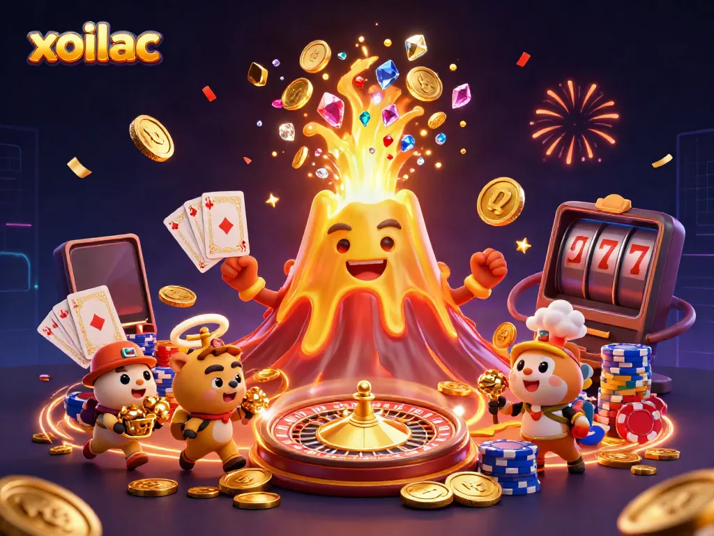 Experience online gambling excitement with xoilac's golden volcano erupting coins and treasures.