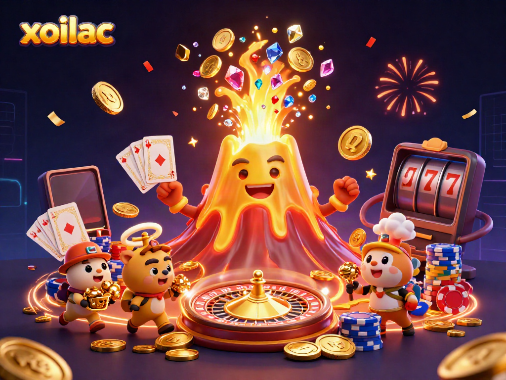 Experience online gambling excitement with xoilac's golden volcano erupting coins and treasures.
