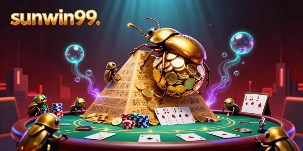 Join sunwin99's thrilling golden beetle adventure through a vibrant casino scene filled with poker excitement.