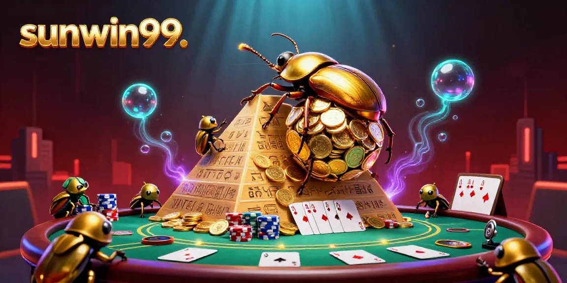 Join sunwin99's thrilling golden beetle adventure through a vibrant casino scene filled with poker excitement.