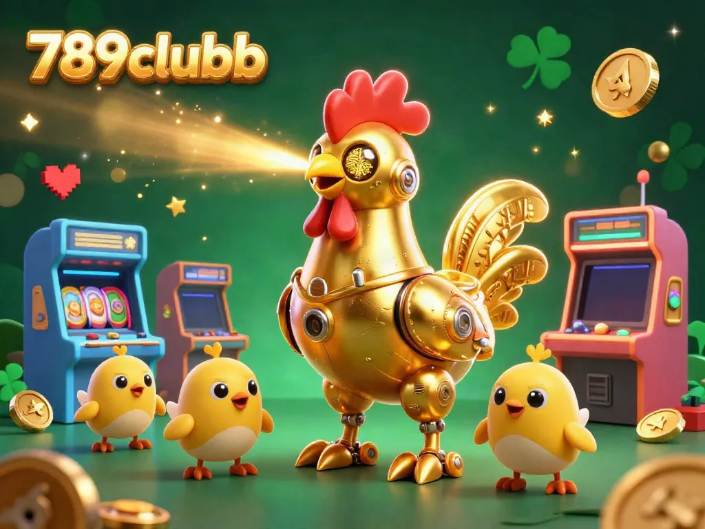 Engage with 789clubb's vibrant gaming world featuring a futuristic rooster robot and baby chick drones amidst colorful arcade games.
