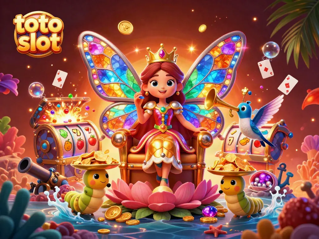 Engage with the vibrant toto slot scene displaying a butterfly queen and slot elements amidst riches.