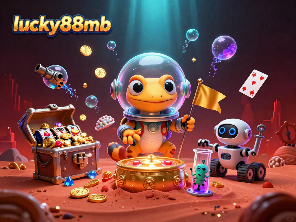 Experience winning strategies at lucky88mb, with a vibrant 3D casino scene showcasing slot reels and gold coins.