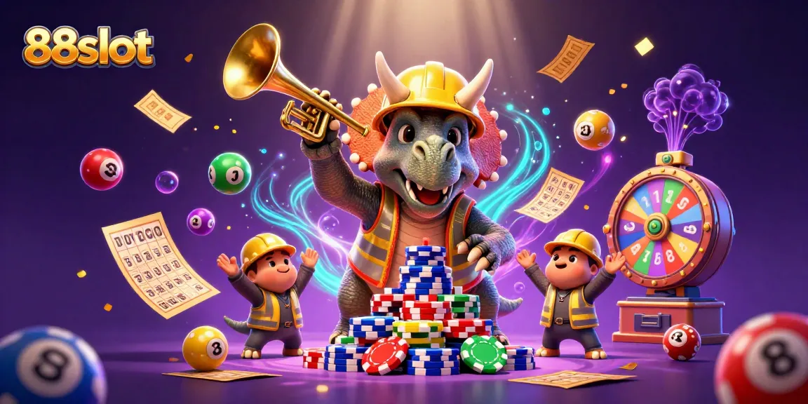 Engaging illustration of 88slot with characters building poker chips, celebrating with lottery elements.