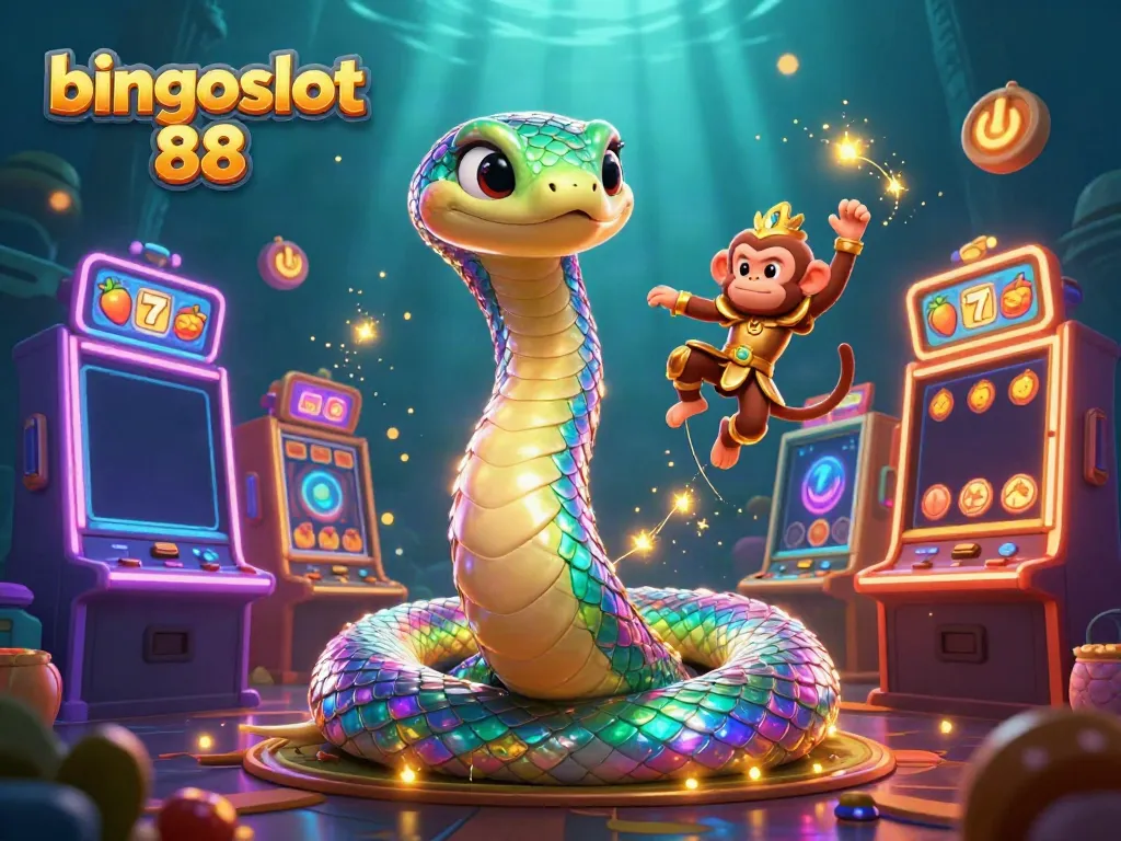 Gambarkan keseruan dan permainan di bingoslot 88 dengan slot mesin berwarna-warni dan karakter ceria.