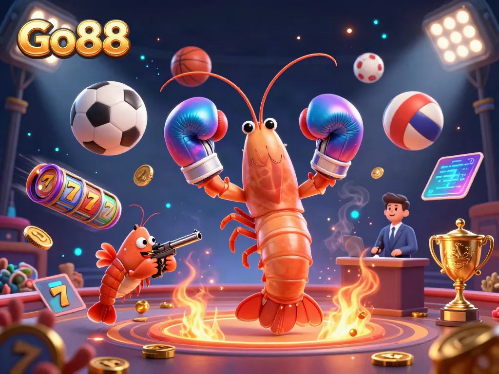 Engage with Go88 in a vibrant 3D casino scene featuring dynamic gaming elements and characters.