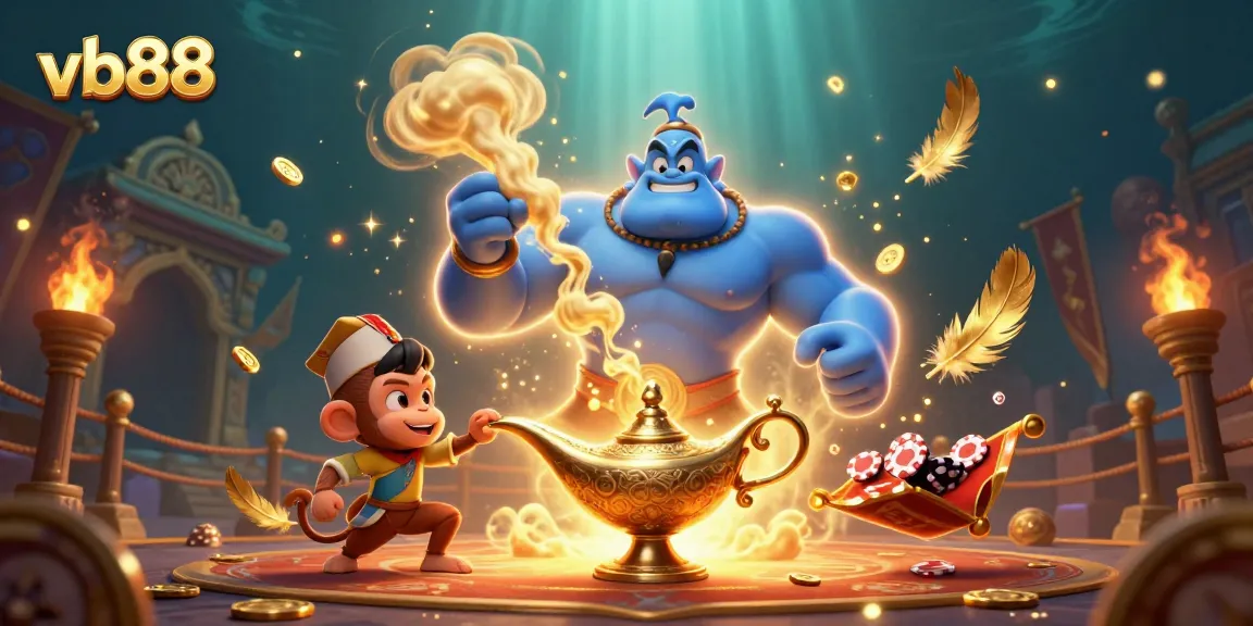Experience thrilling gameplay at vb88 with a magical scene of a genie, poker chips, and gold coins.