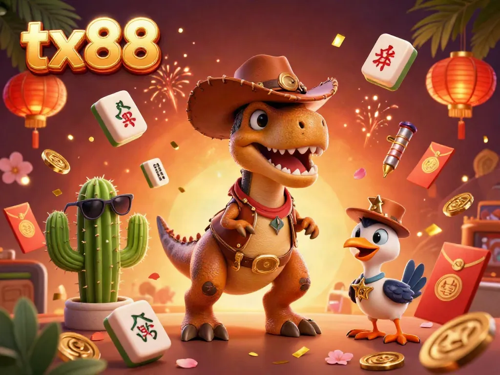 Experience the excitement of tx88 with a vibrant casino scene featuring a T-Rex, cactus, and roadrunner amid floating mahjong tiles and golden symbols.