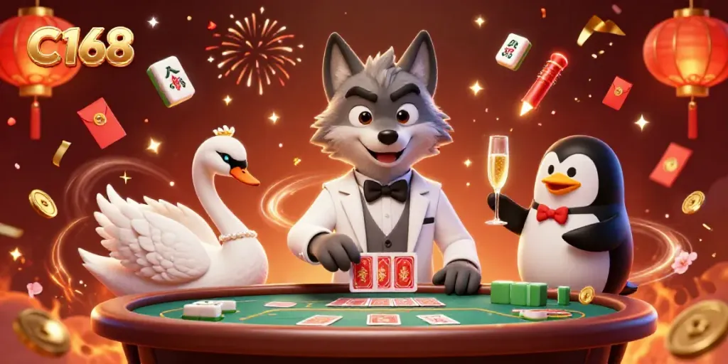 C168 features a debonair wolf at a baccarat table with a swan dealer and a penguin sommelier amidst festive casino elements.