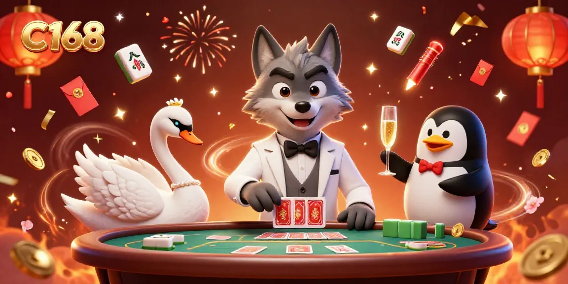 C168 features a debonair wolf at a baccarat table with a swan dealer and a penguin sommelier amidst festive casino elements.