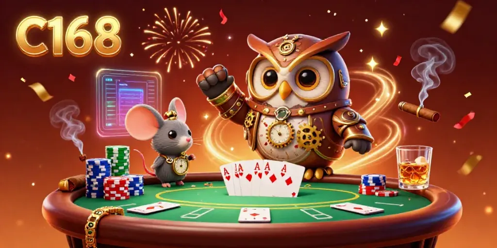 Experience vibrant casino action with C168's lively characters and gaming elements in a 3D illustration.