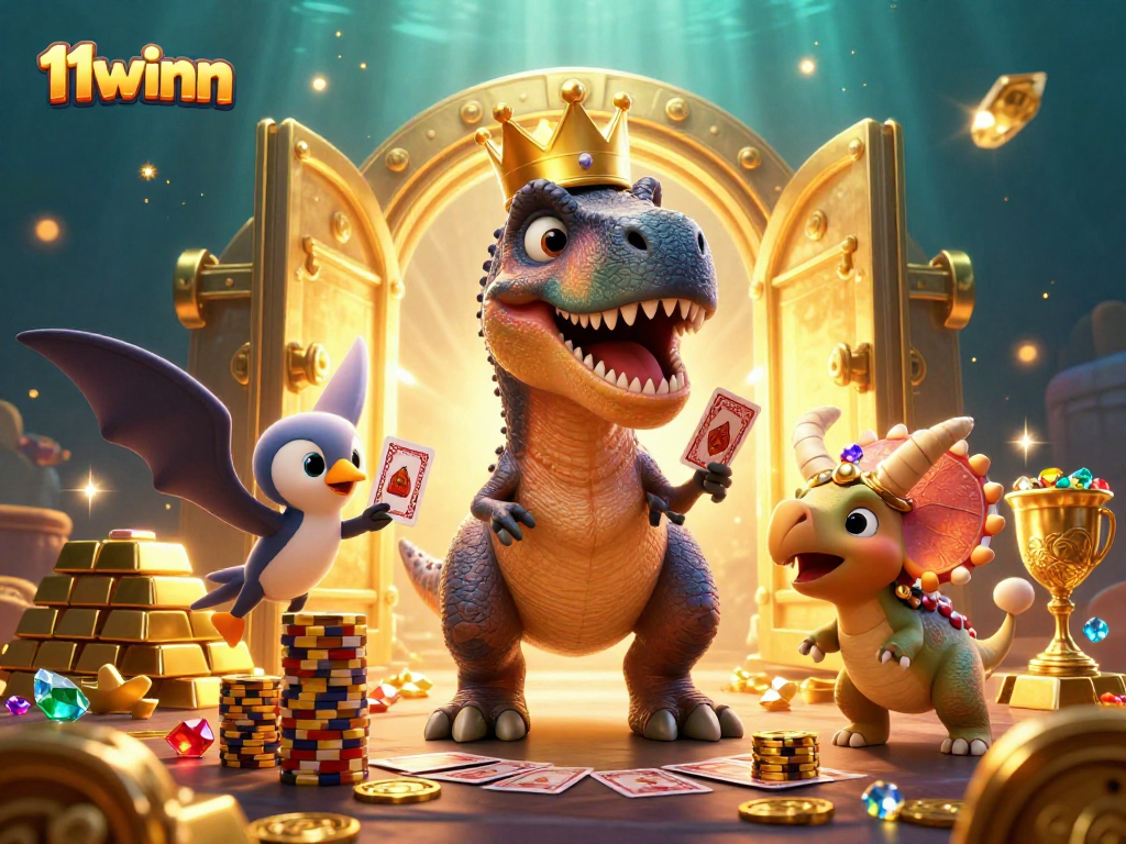Engage with the thrilling 11winn casino experience featuring fun dinosaur characters in a vibrant scene.