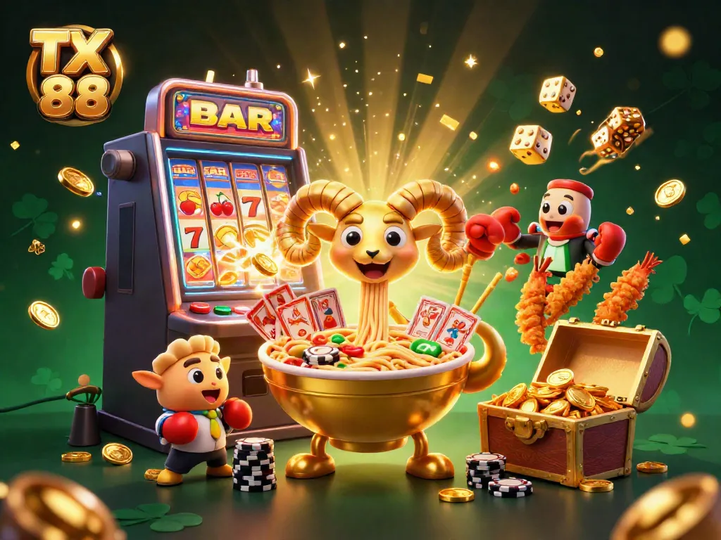 Exciting TX 88 casino themed scene featuring vibrant 3D characters with slot machine and chip action.