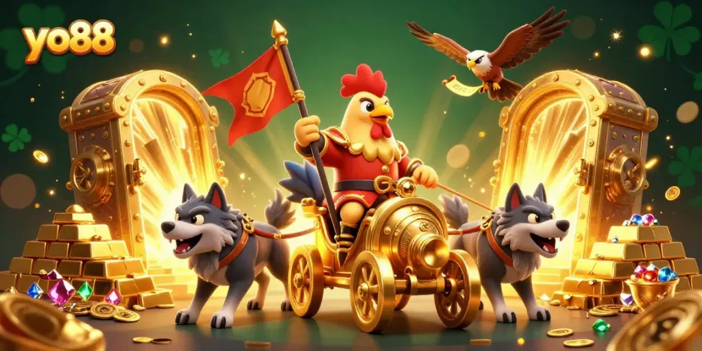 Experience the thrill at yo88 with a dynamic 3D rooster warlord and treasures from the casino.