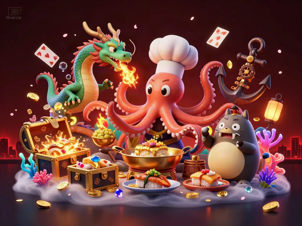 Nhatvip's vibrant underwater casino scene showcasing a sushi chef octopus, a dragon, and a tanuki.