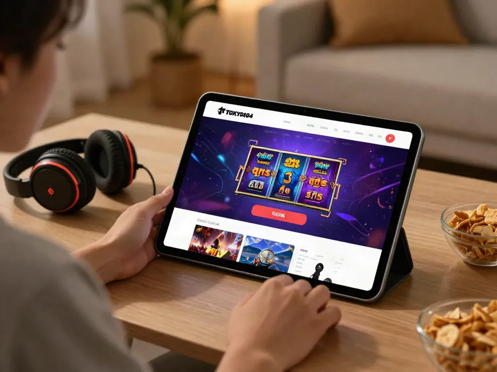 Player exploring the slot qris gaming platform on a tablet in a cozy living room.
