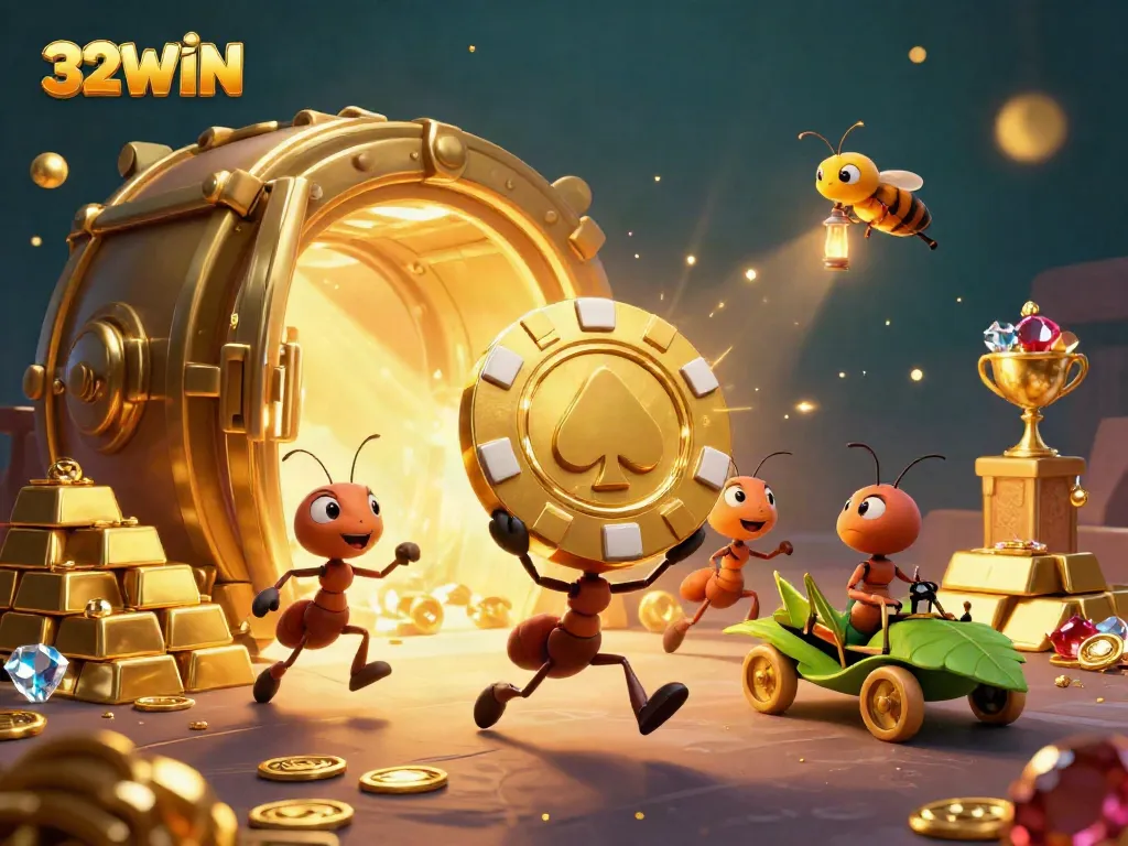 Experience the thrilling 32WIN heist with animated characters carrying a poker chip in a vibrant casino scene.