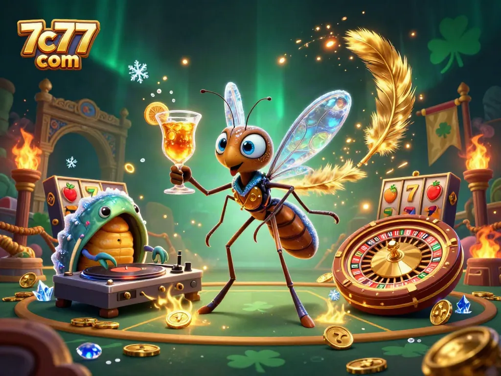 Experience vibrant gaming excitement with 7c77 com's thrilling casino scene featuring unique characters.