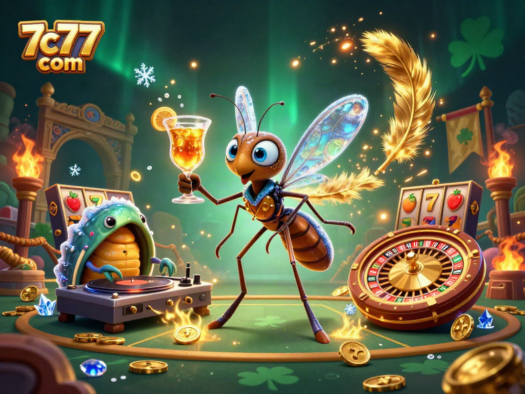 Experience vibrant gaming excitement with 7c77 com's thrilling casino scene featuring unique characters.