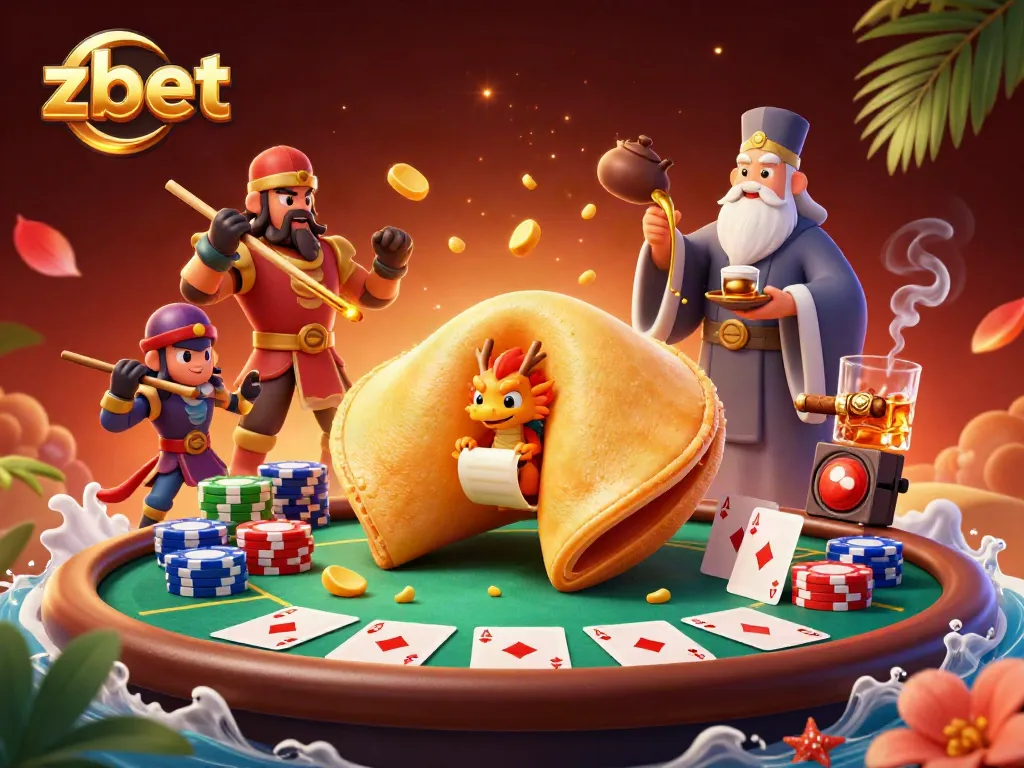 Zbet entertains gamers with a golden fortune cookie and wise dragon at a lively poker table.