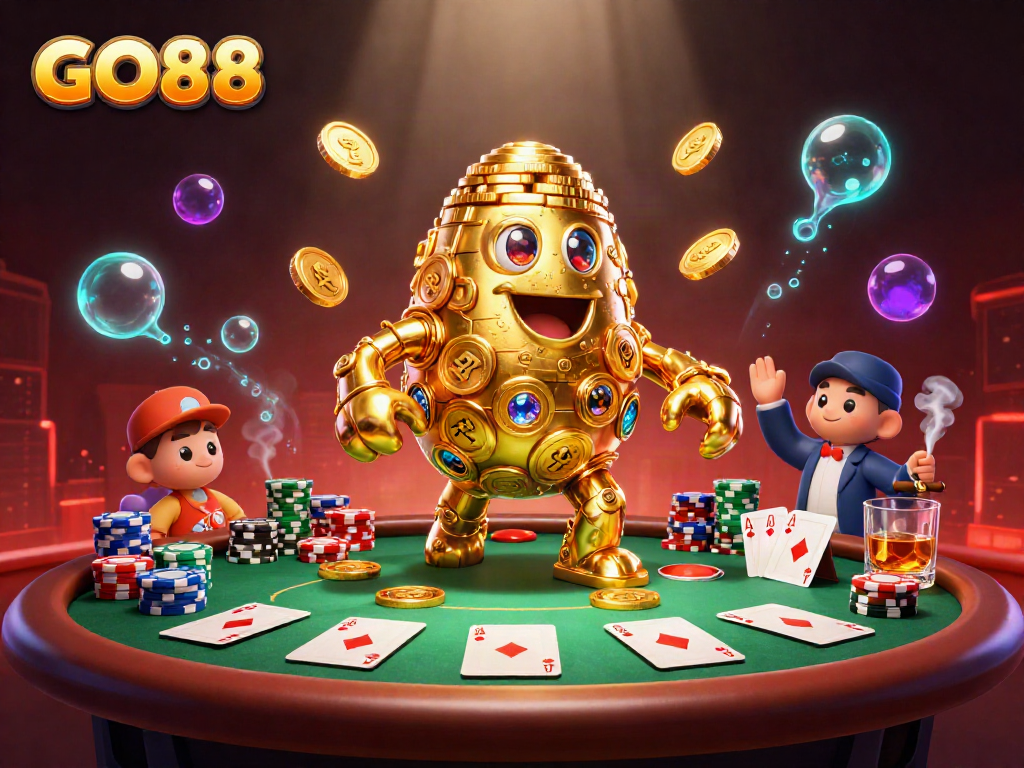 Experience the GO88 ancient golden golem at an exciting poker table bursting with vibrant casino action.