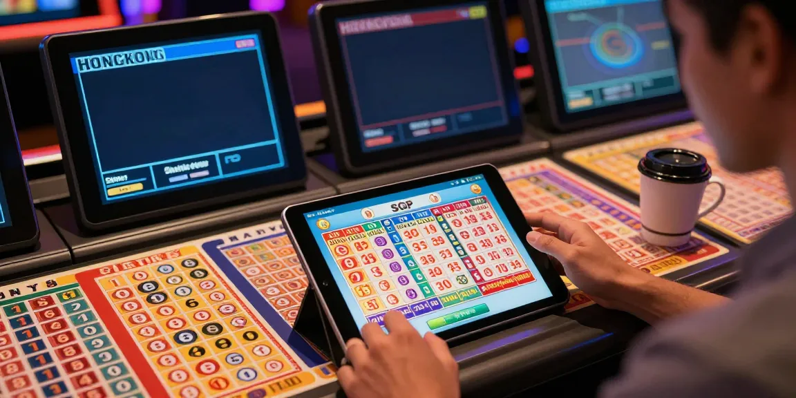 Pengguna SERIBUTOTO melihat platform togel di tablet dengan tiket togel berwarna-warni di sekitar.