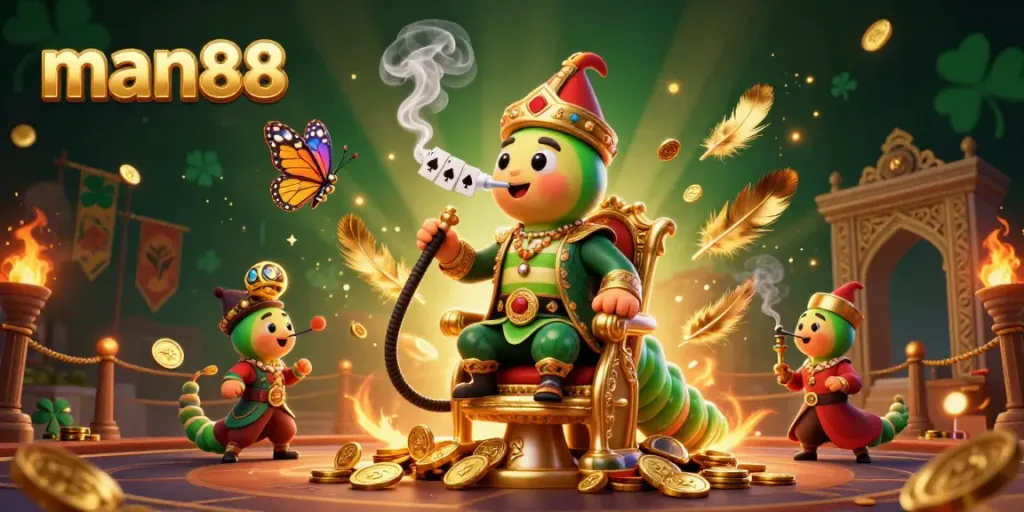 Experience man88's engaging gaming atmosphere with a luminous illustration of a caterpillar hookah-master amidst casino elements.