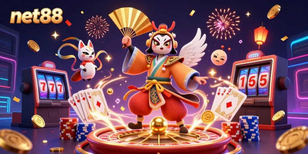 Win big with net88 as you explore an exciting casino scene filled with vibrant characters and gaming elements.