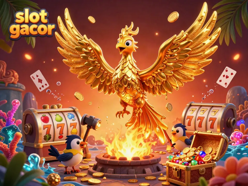 Experience the thrill of slot gacor with vibrant golden phoenix and dazzling game elements in a dynamic scene.