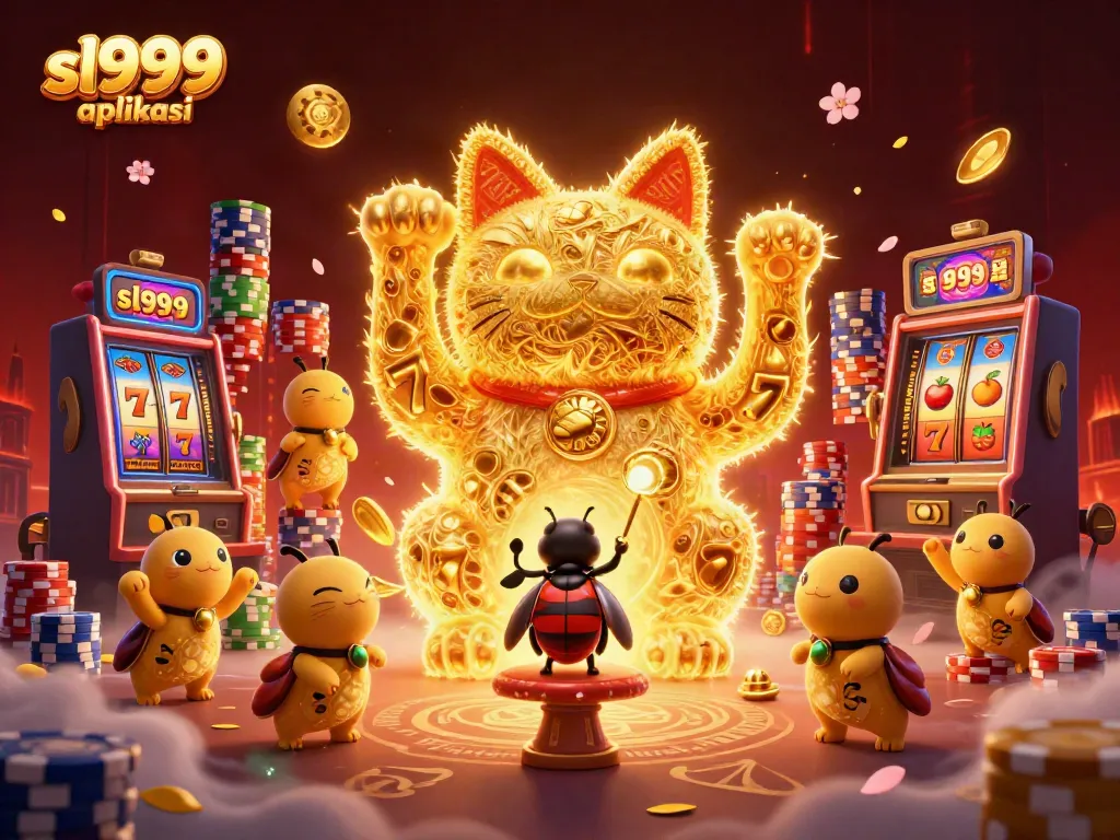 Experience the excitement of sl999 aplikasi with this vibrant casino-themed 3D illustration featuring a lucky cat and dynamic gaming symbols.