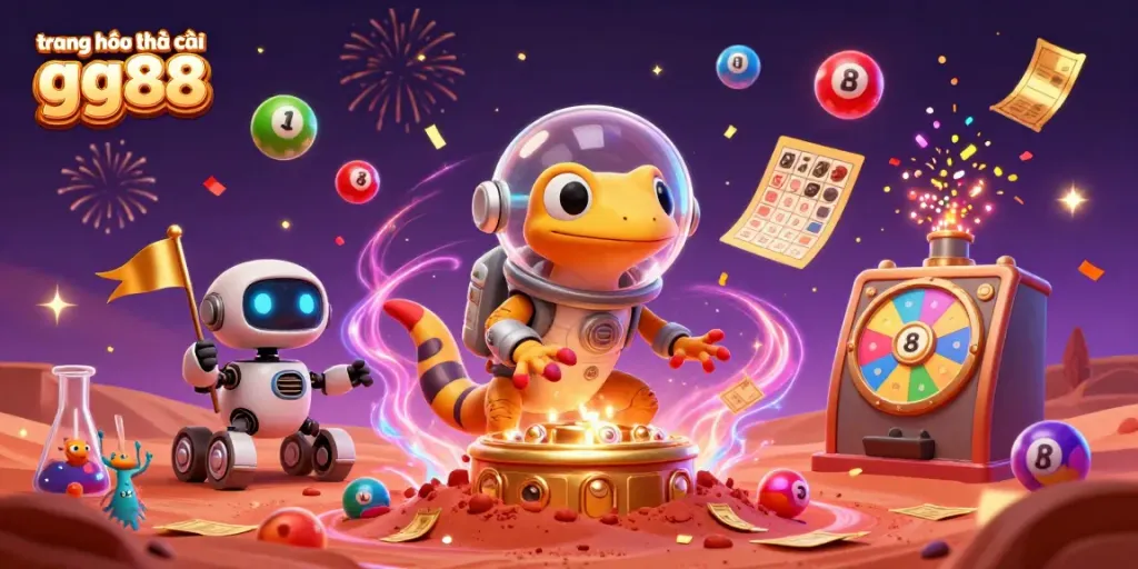 Experience the excitement of trang chủ nhà cái gg88 with a Martian gecko discovering a golden casino in this vibrant illustration.