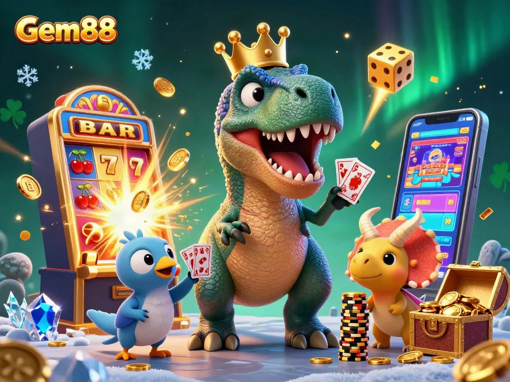 Experience thrilling gameplay at gem88 with vibrant characters, exciting casino games, and jackpot symbols.