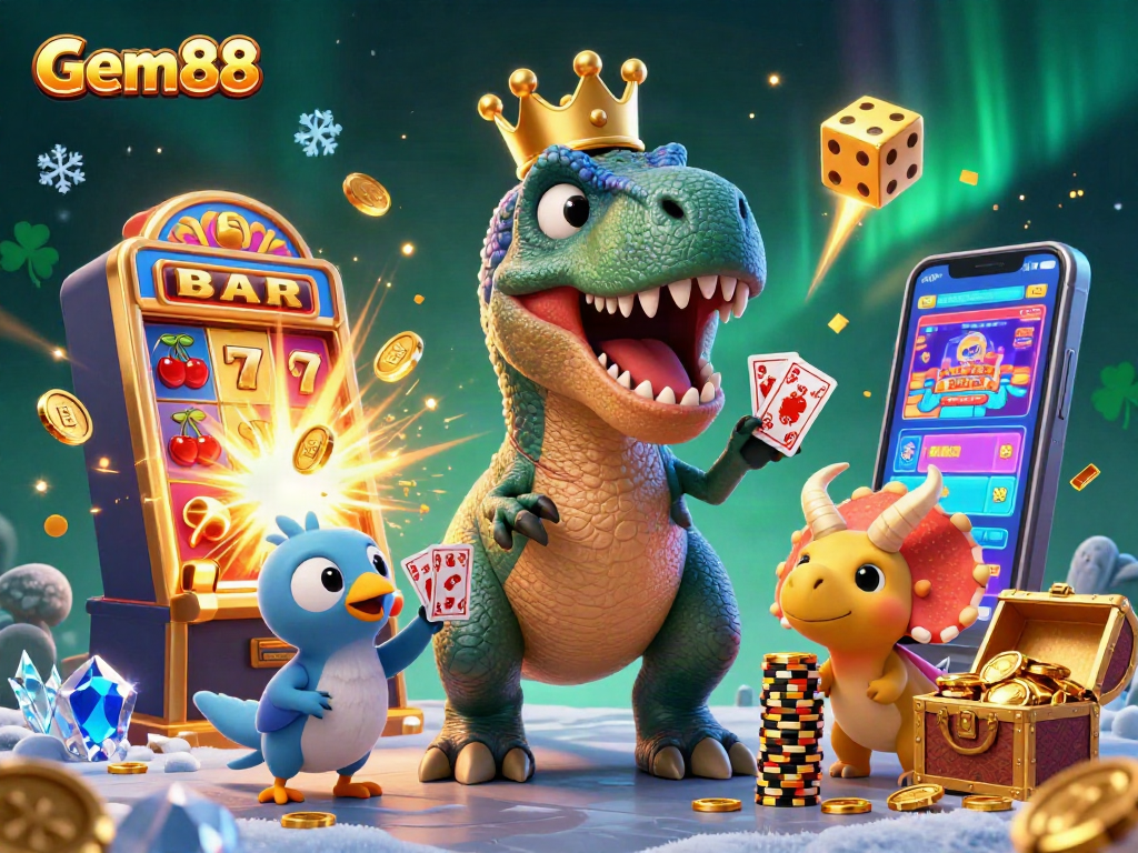 Experience thrilling gameplay at gem88 with vibrant characters, exciting casino games, and jackpot symbols.