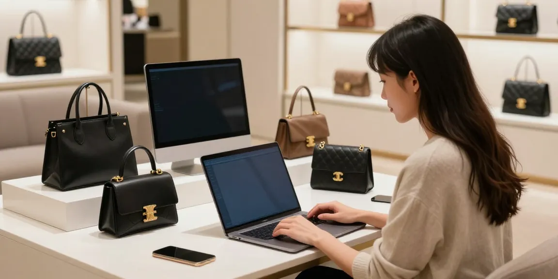 Woman shopping at a replica shop online, showcasing luxury brands in a cozy environment.