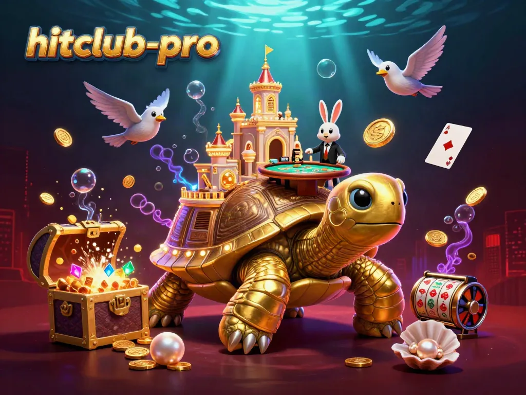 Experience excitement at hitclub-pro with a vibrant casino scene featuring a golden tortoise and colorful gaming elements.