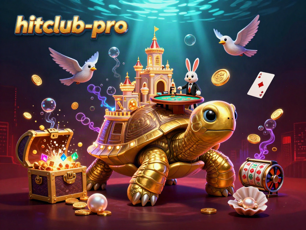 Experience excitement at hitclub-pro with a vibrant casino scene featuring a golden tortoise and colorful gaming elements.