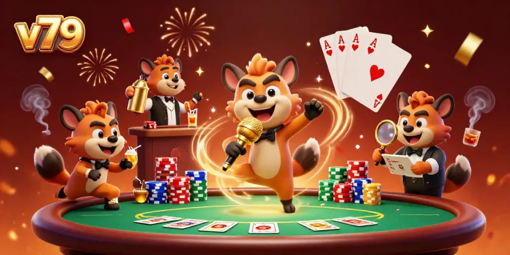 Experience exciting gaming moments at v79 with hyenas entertaining in a vibrant casino club.
