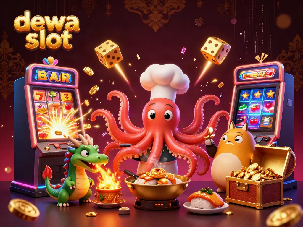 Engage in thrilling dewa slot gameplay with vibrant casino elements in this rich 3D illustration.
