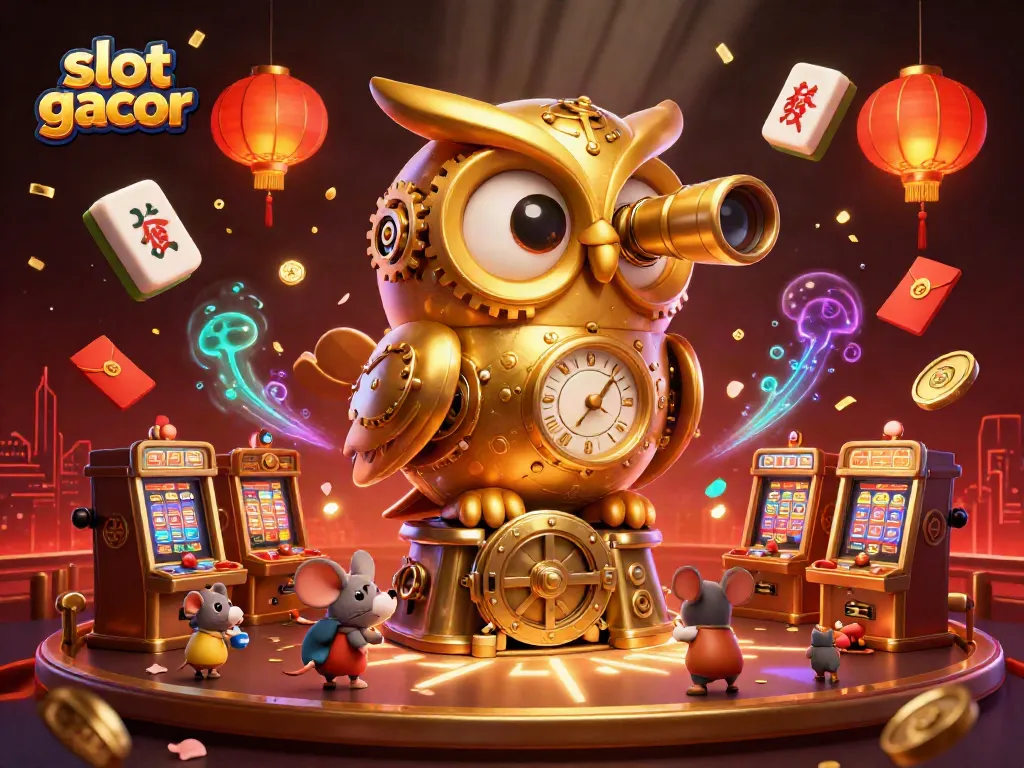 Experience the excitement of slot gacor in a vibrant casino scene featuring an owl and playful mice.
