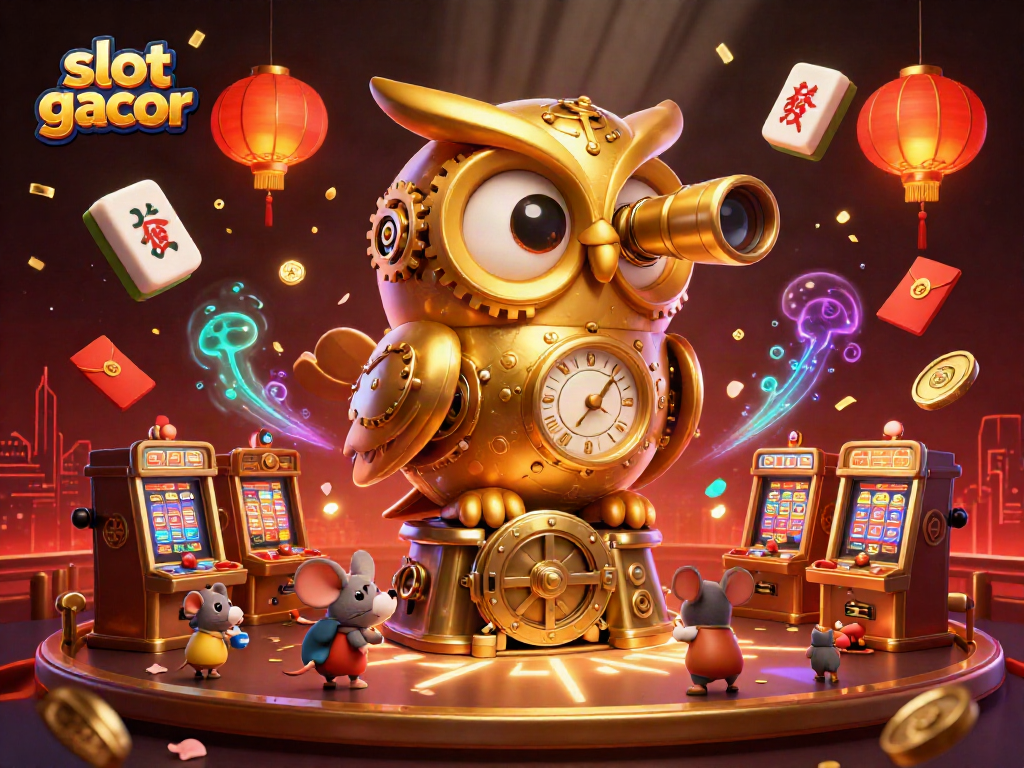 Experience the excitement of slot gacor in a vibrant casino scene featuring an owl and playful mice.