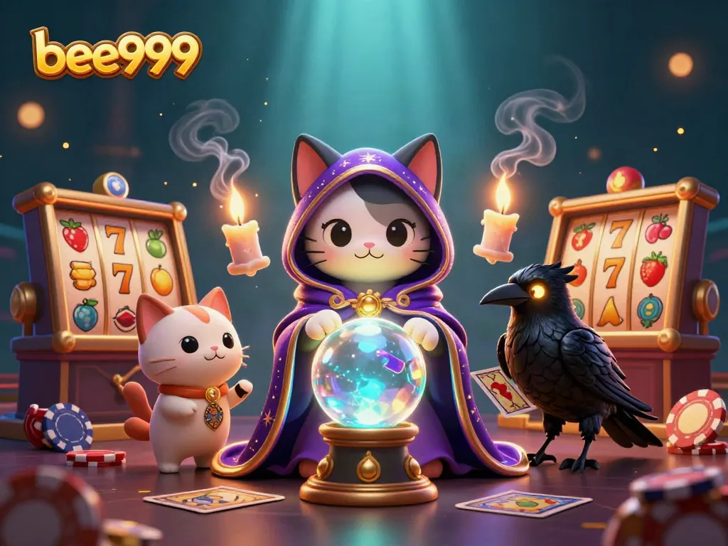 Engage in thrilling casino activities with bee999, featuring a mystical cat and raven in a vibrant gaming atmosphere.