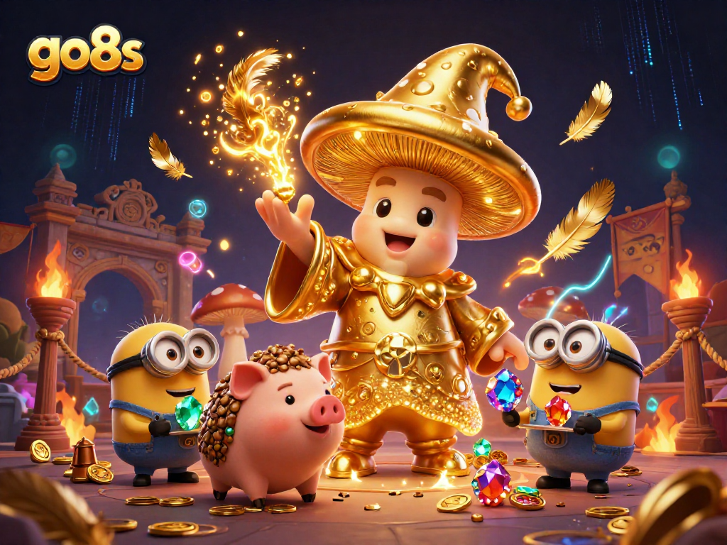 Engage with go8s as the golden mushroom wizard conjures treasures and magic in an epic casino scene.