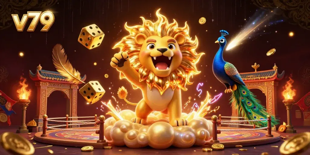 Exciting v79 gambling scene with a roaring sun lion amidst golden dice and casino elements.